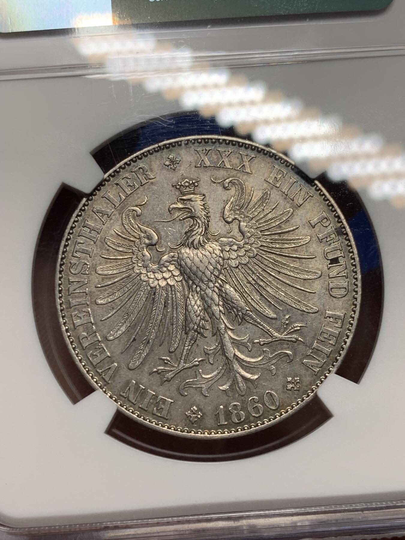 《竞宝斋》第290场- 周日，周一，周二 3场连拍 （全场包邮） NGC AU53 德国1860法兰克福少女泰勒银币 自然老包浆带底光 全鹰毛 实物更漂亮