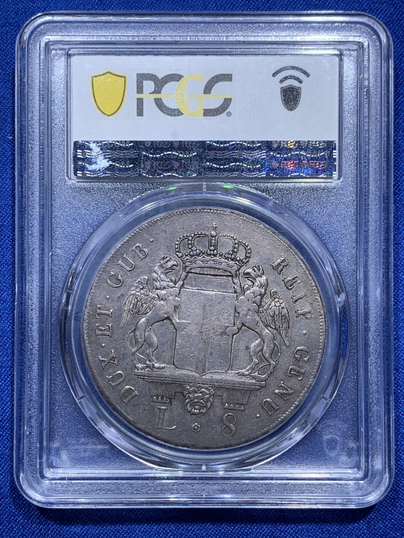 《竞宝斋》第290场- 周日，周一，周二 3场连拍 （全场包邮） PCGS XF40 意大利 1795年 热那亚共和国8里拉大银币 淡彩包浆 打制清晰