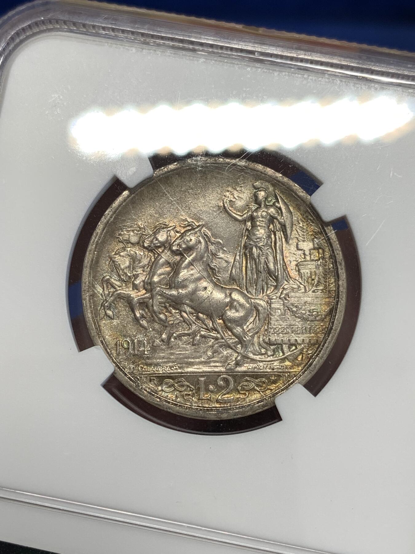 《竞宝斋》第290场- 周日，周一，周二 3场连拍 （全场包邮） NGC MS63 意大利 1914年 2里拉 马车银币 经典品种 漂亮的包浆