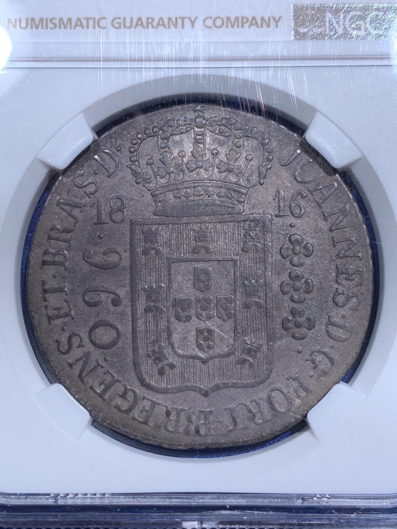 《竞宝斋》第290场- 周日，周一，周二 3场连拍 （全场包邮） NGC XF45 葡属巴西 1816R年960瑞斯银币，在西班牙双柱银币基础上压制而成，双面深邃，章型比币型币更贵，独年份