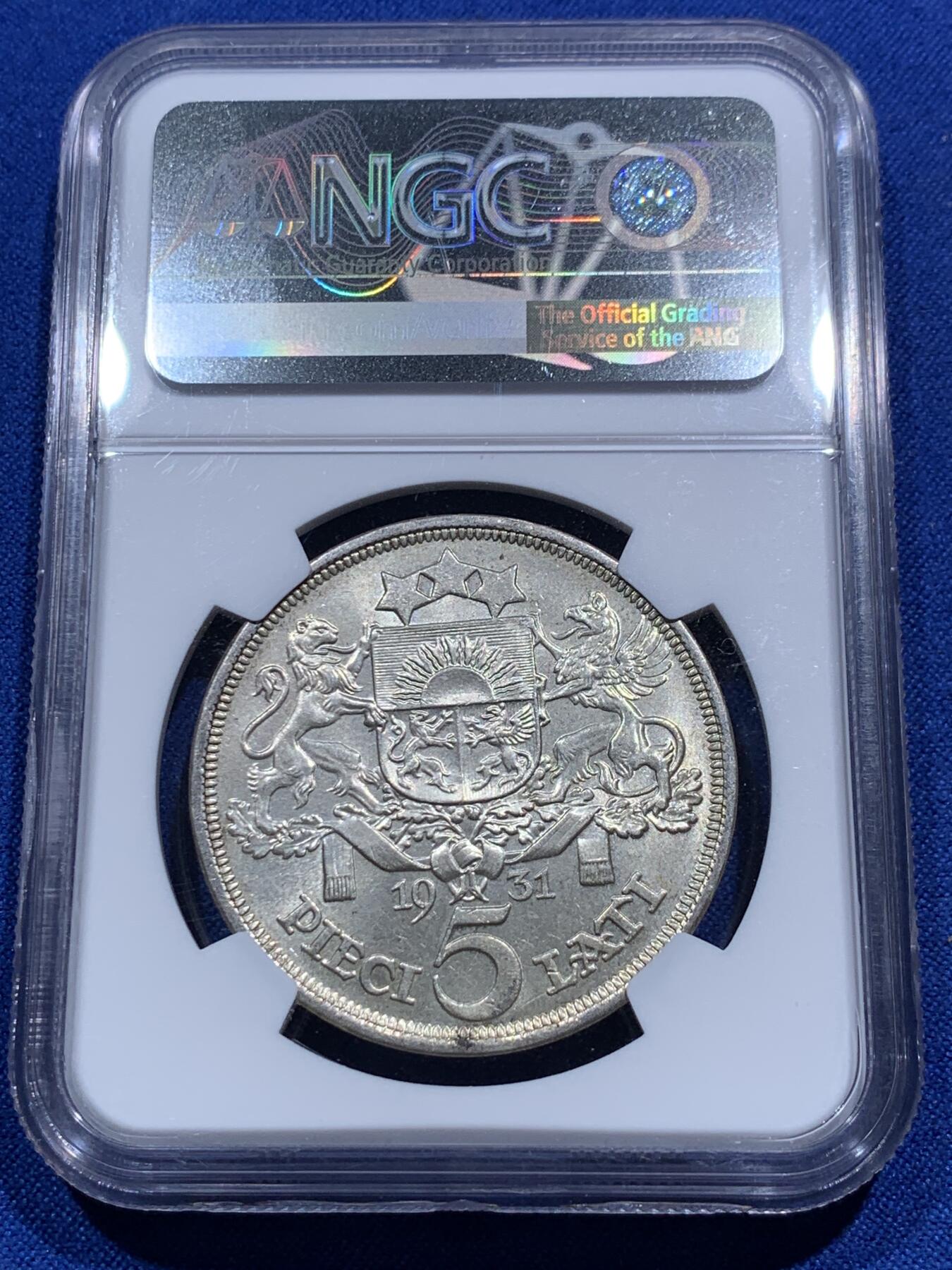 《竞宝斋》第290场- 周日，周一，周二 3场连拍 （全场包邮） NGC MS64 拉脱维亚1931年少女5里拉银币