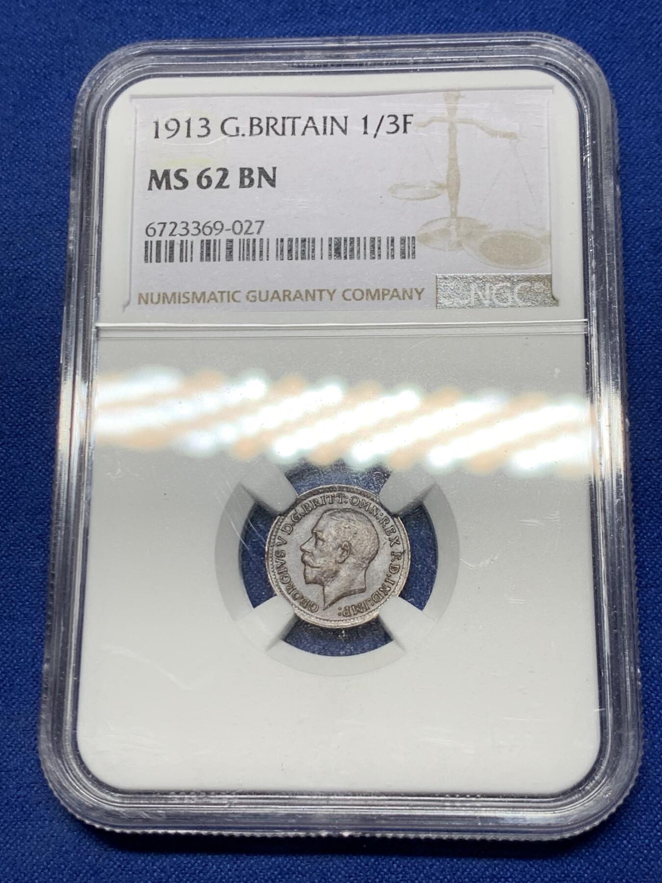 《竞宝斋》第290场- 周日，周一，周二 3场连拍 （全场包邮） NGC MS62BN 英国1913年乔治五世1/3法新 巧克力包浆 即使在放大镜下未见明显流通痕迹