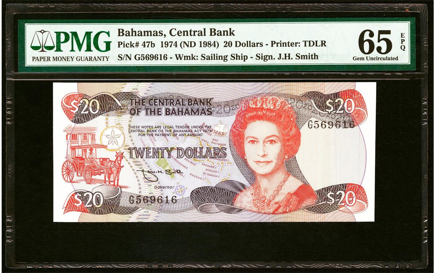 【Blue Auction】✨世界纸币精拍第510期【精】  【无47】巴哈马 1984年20元 女王 背面港口精美 黑红色套印显品质 PMG65EPQ 绝品  