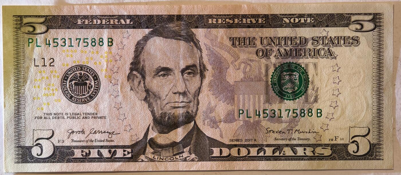 紫瑗钱币——第387期拍卖——纸币场 美国 2017年 L版 A序列 亚伯拉罕·林肯 5美元 彩色版 UNC-