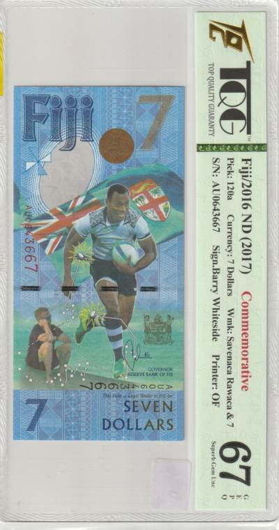 PThappally收藏第38次拍卖，英联邦地区硬币纸币 - 斐济 FIJI, Reserve Bank of Fiji 2016 7 Dollars Commemorative Issue, Pick 120a SN # AU0643667 TQG 67 GEPQ Superb Gem UNC