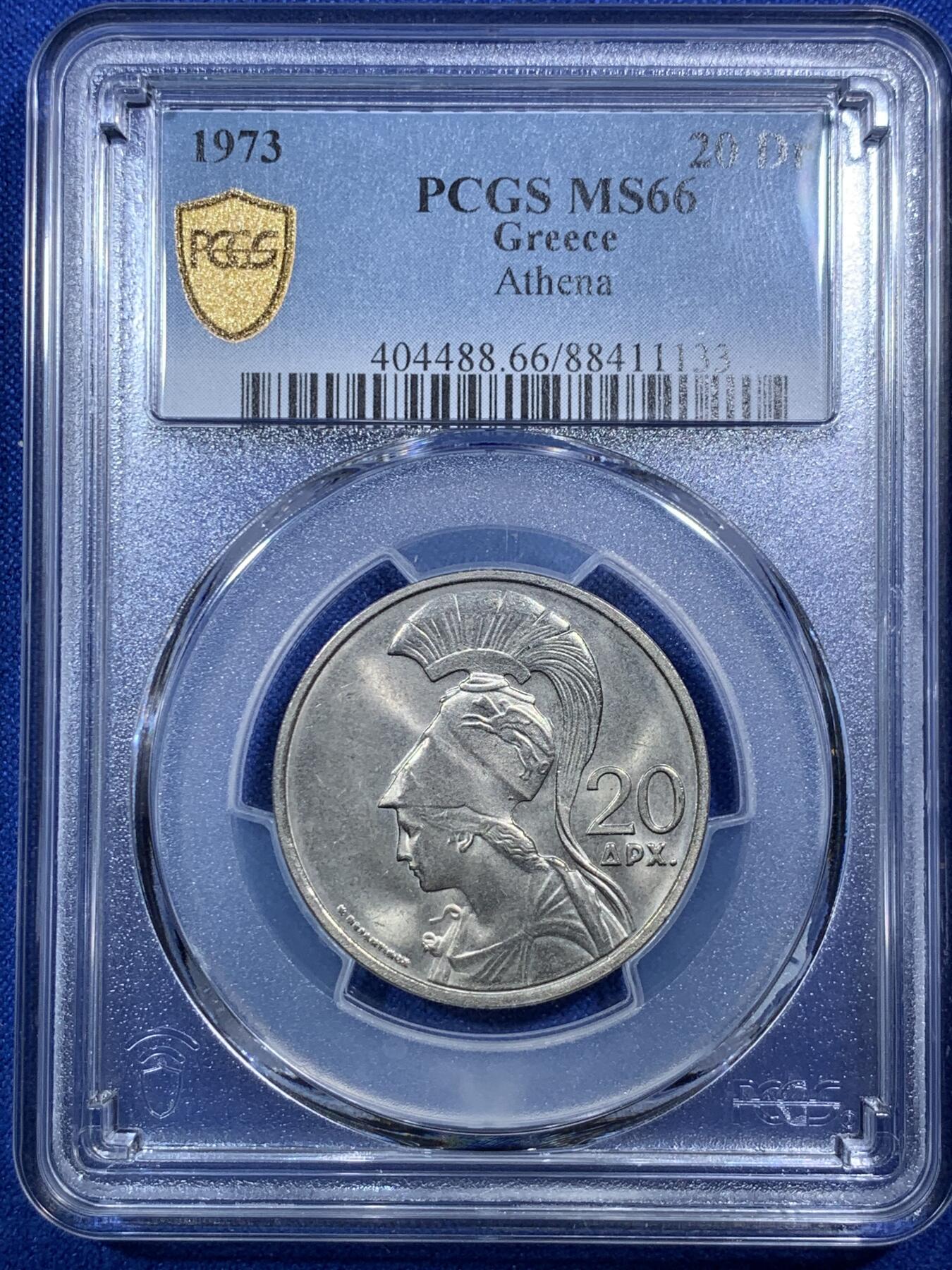 《竞宝斋》第290场- 周日，周一，周二 3场连拍 （全场包邮） PCGS MS66 热门品种 1973 希腊 20德拉克马 两面转光 细节犀利 可藏品相！