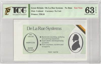PThappally收藏第38次拍卖，英联邦地区硬币纸币 - 英国 Great Britain, De La Rue Test Note 系统, 测试说明, No Value - TQG 63 GEPQ UNC