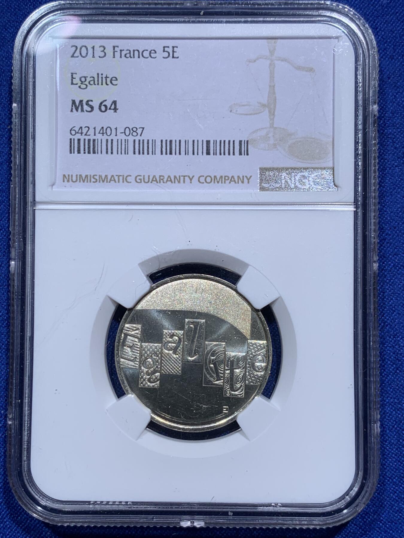 《竞宝斋》第290场- 周日，周一，周二 3场连拍 （全场包邮） NGC MS64 法国2013年平等5欧元银币 最高评级分