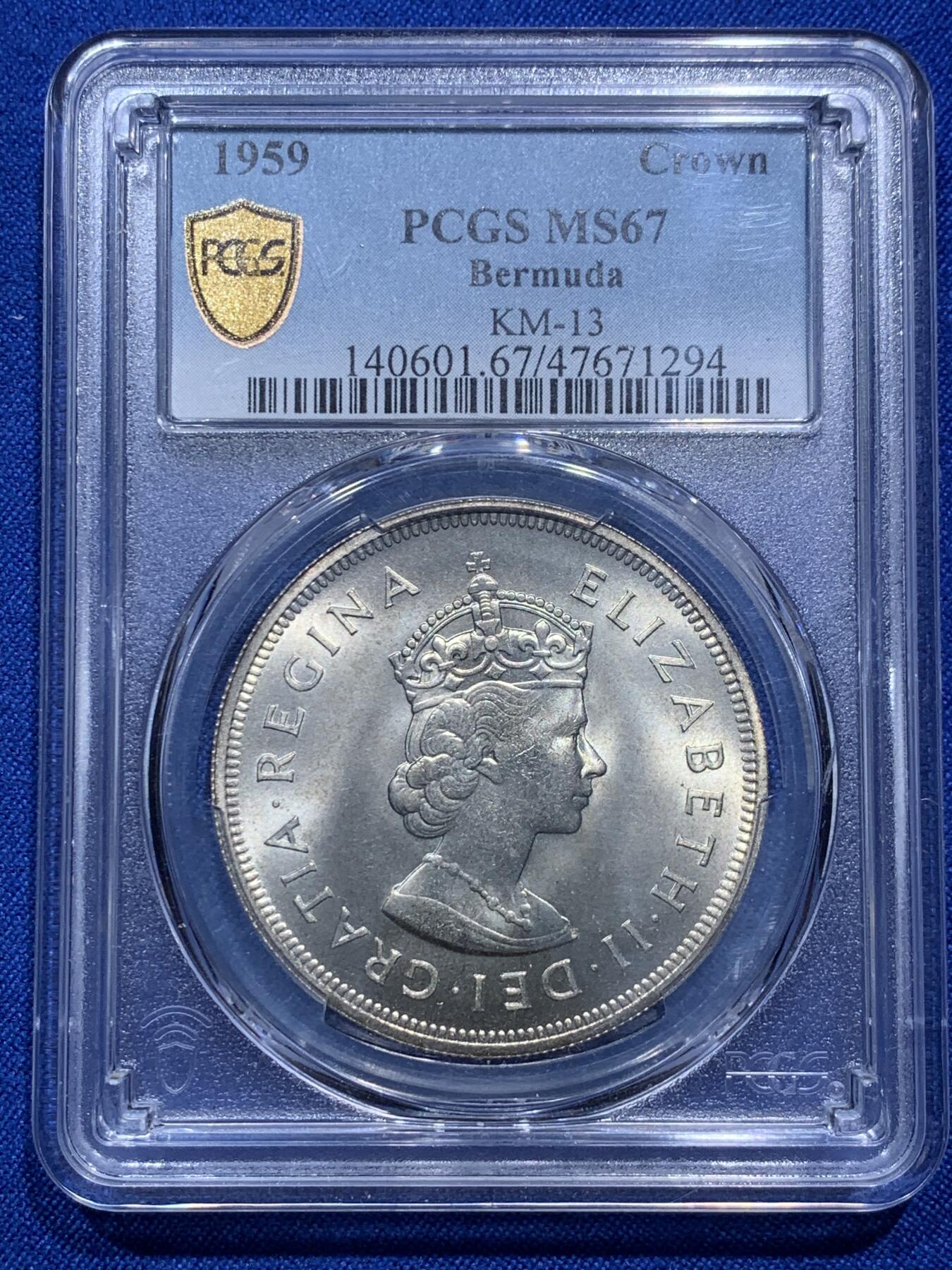 《竞宝斋》第290场- 周日，周一，周二 3场连拍 （全场包邮） PCGS MS67 英属百慕大1959年伊丽莎白二世1克朗大银币 高分好品