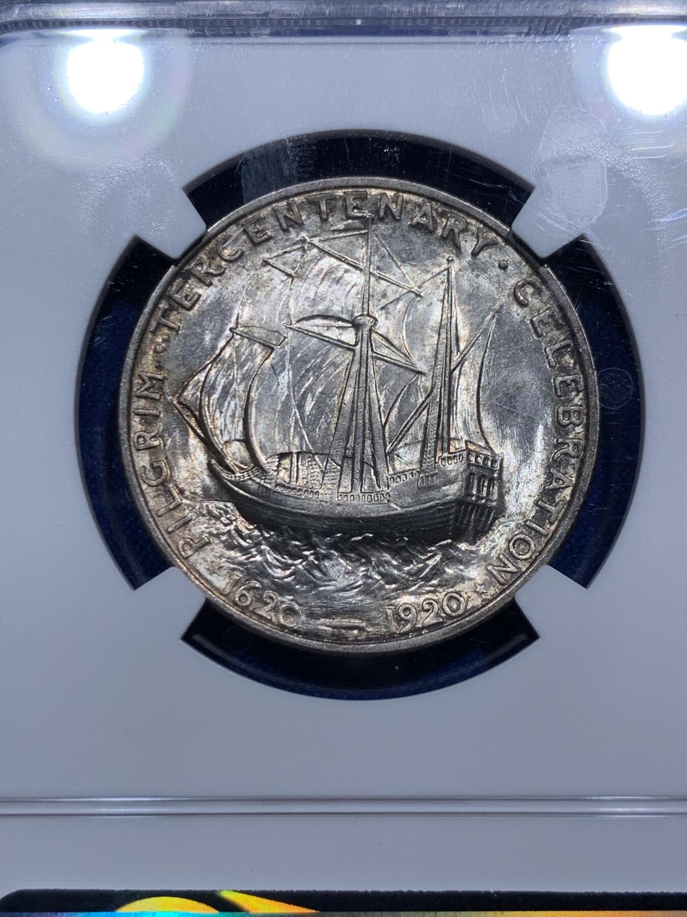 《竞宝斋》第290场- 周日，周一，周二 3场连拍 （全场包邮） NGC MS64 美国 1920年 五月花号/清教徒移民 半美元  背面五月花号呼之欲出 非常漂亮的设计