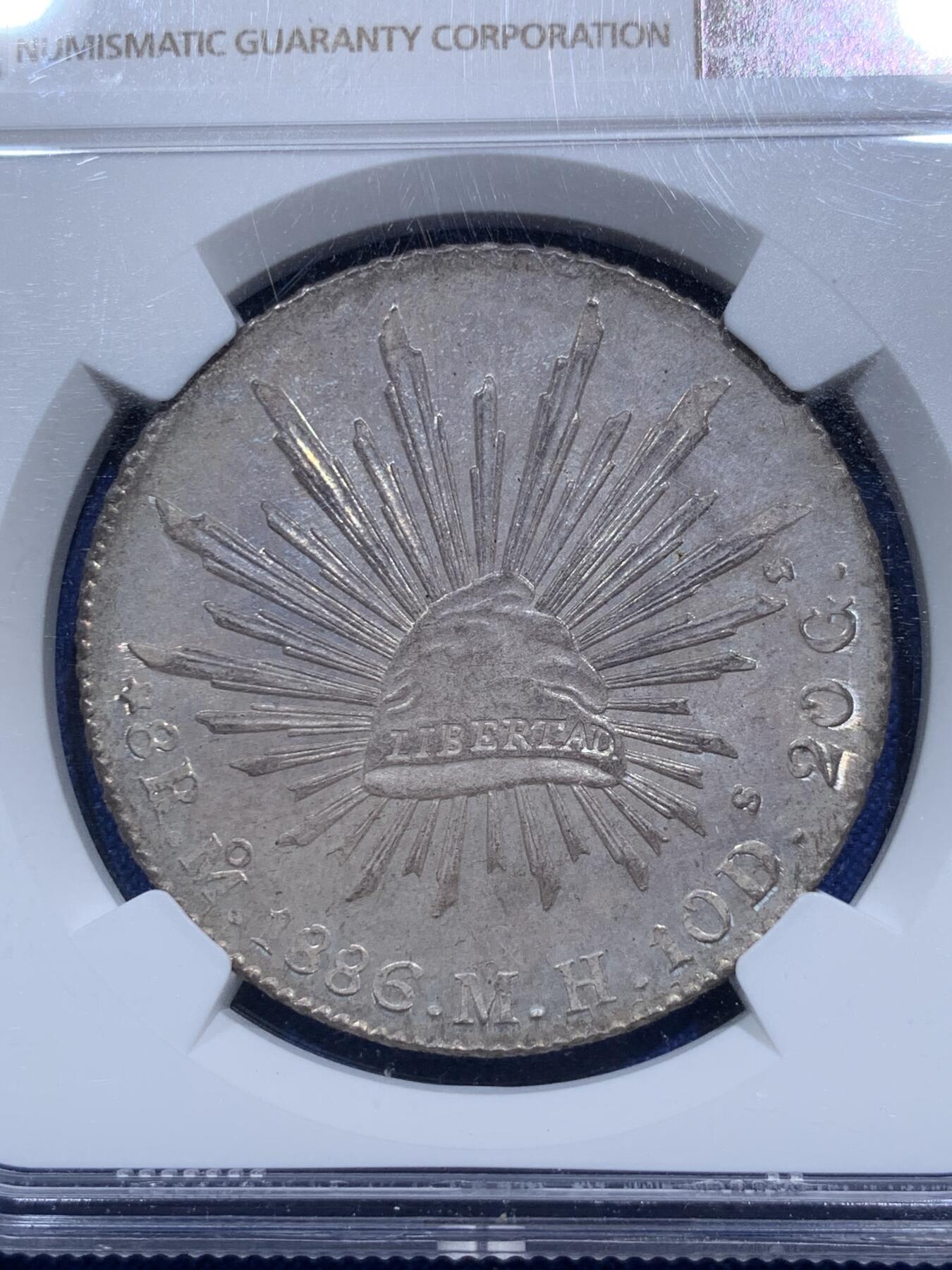 《竞宝斋》第290场- 周日，周一，周二 3场连拍 （全场包邮） NGC MS65 墨西哥1886年花边鹰洋 彩虹底板包浆 高分好品