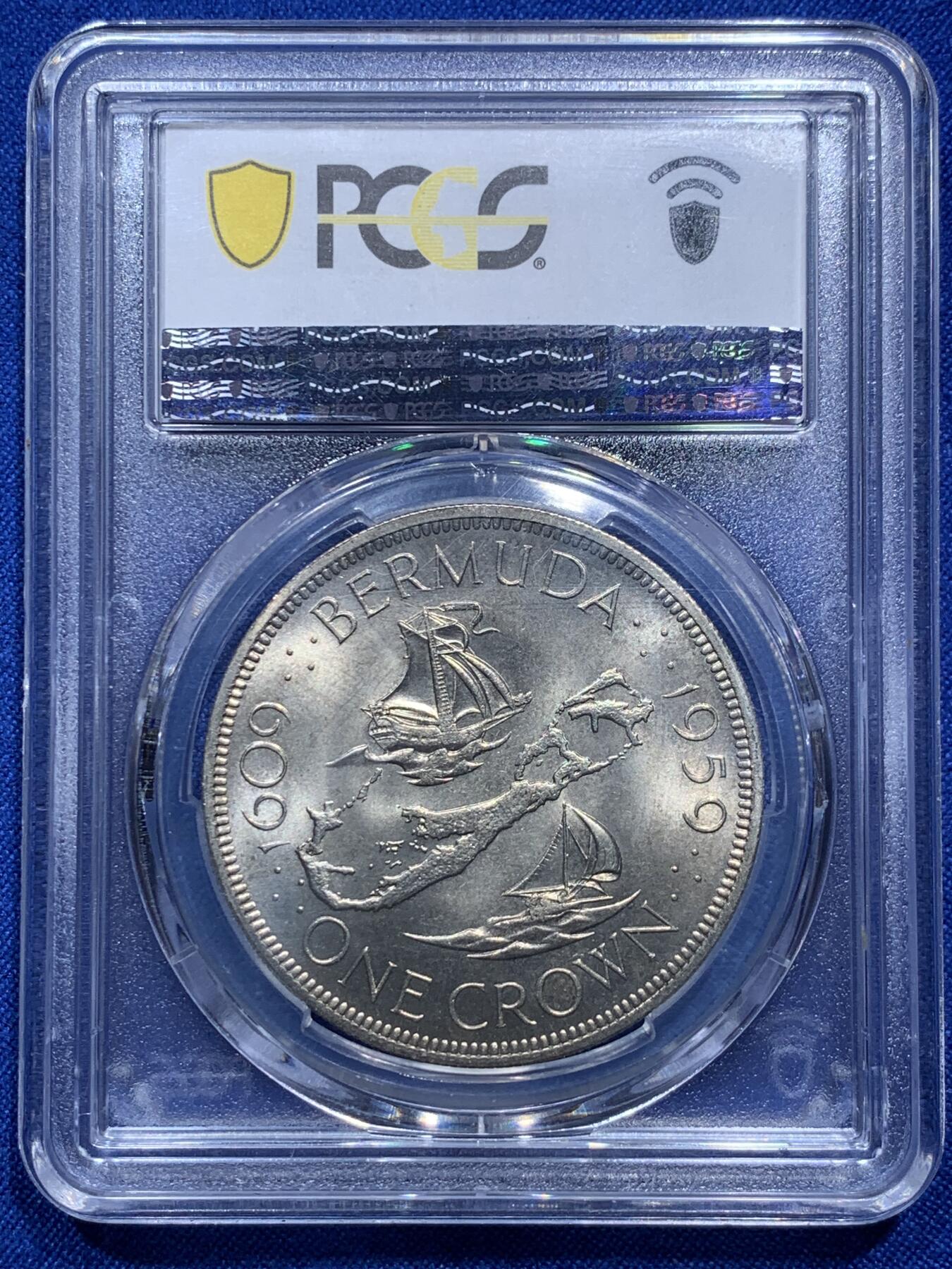 《竞宝斋》第290场- 周日，周一，周二 3场连拍 （全场包邮） PCGS MS67 英属百慕大1959年伊丽莎白二世1克朗大银币 高分好品