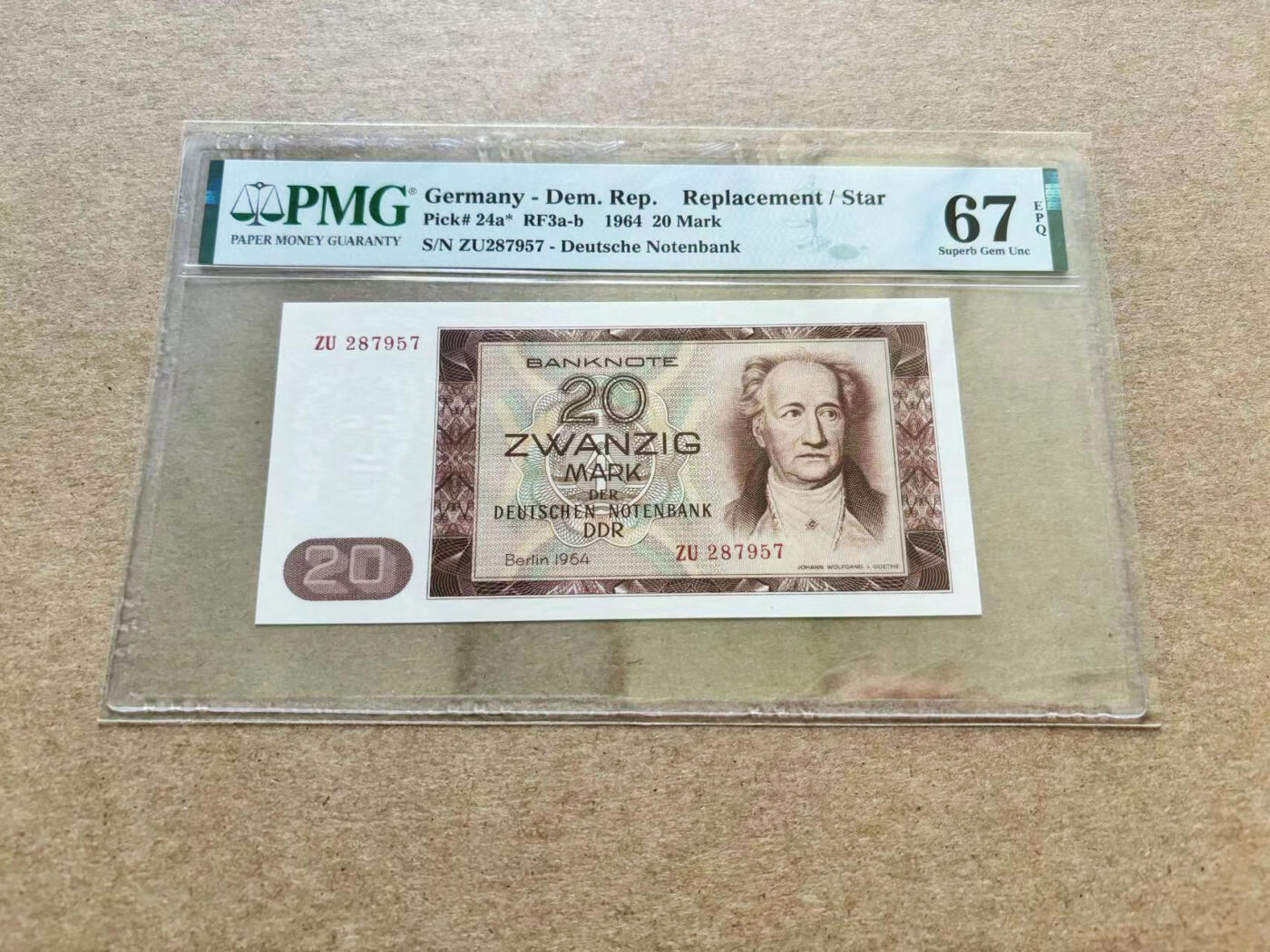 【Blue Auction】✨世界纸币精拍第510期【精】 【补号】德国 1964年20马克 PMG67EPQ 高分