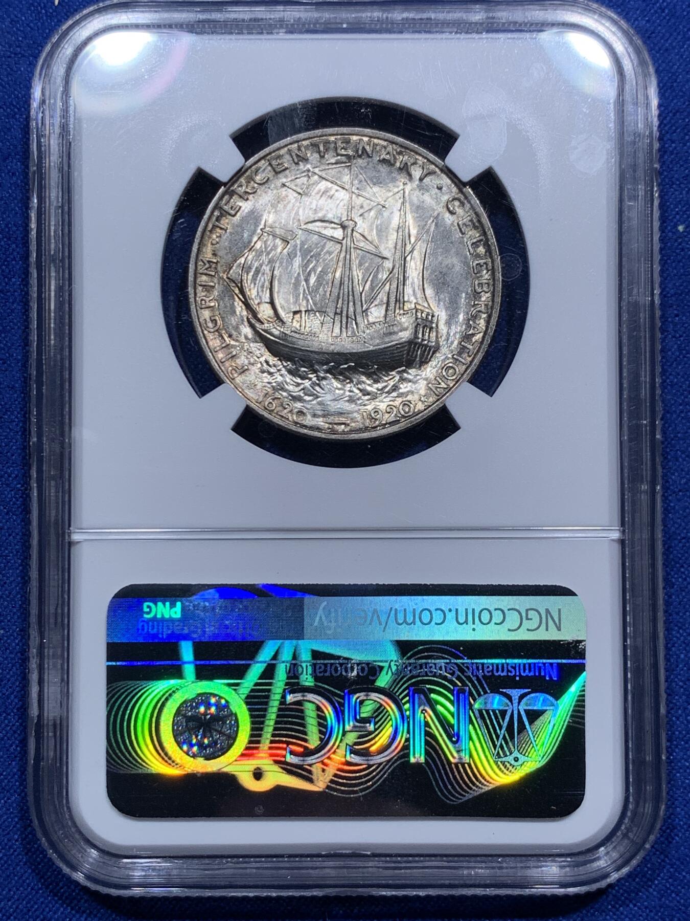 《竞宝斋》第290场- 周日，周一，周二 3场连拍 （全场包邮） NGC MS64 美国 1920年 五月花号/清教徒移民 半美元  背面五月花号呼之欲出 非常漂亮的设计