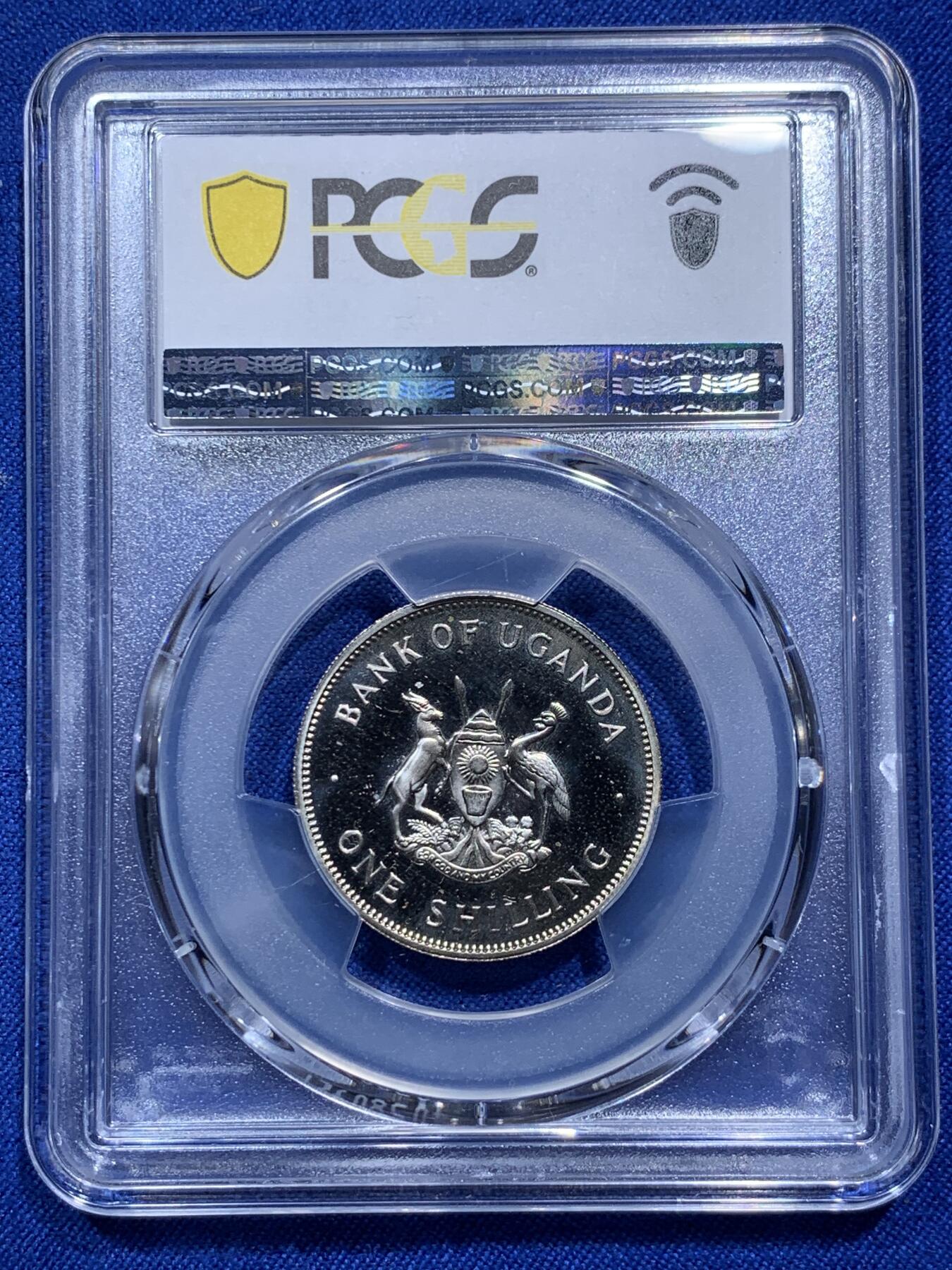 《竞宝斋》第290场- 周日，周一，周二 3场连拍 （全场包邮） PCGS金盾 PR67DCAM 乌干达1966年首年1先令精制镍币东非草原与乌干达国鸟灰冕鹤