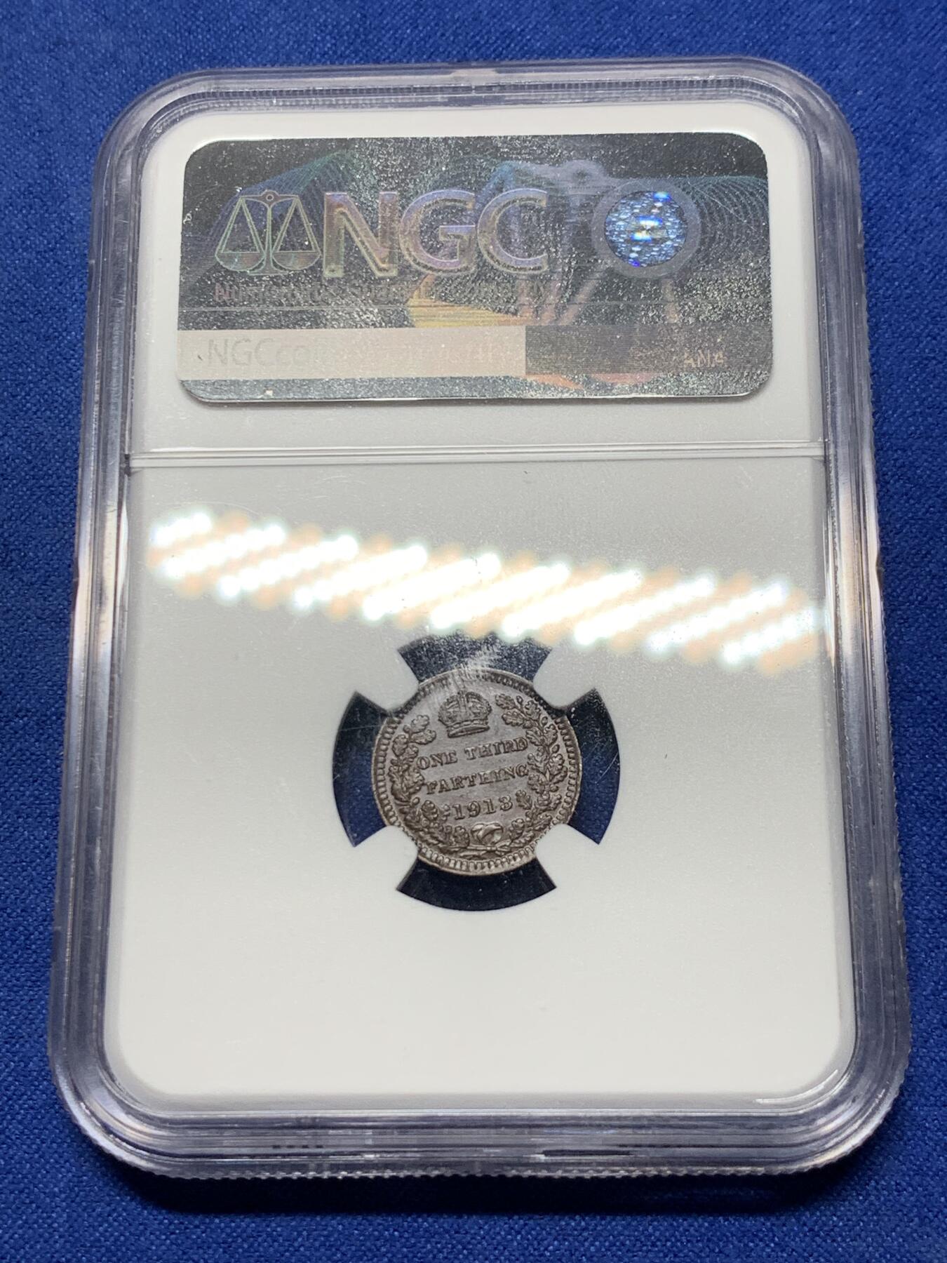 《竞宝斋》第290场- 周日，周一，周二 3场连拍 （全场包邮） NGC MS62BN 英国1913年乔治五世1/3法新 巧克力包浆 即使在放大镜下未见明显流通痕迹