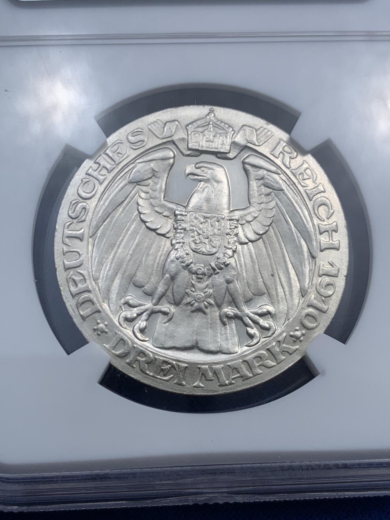 《竞宝斋》第290场- 周日，周一，周二 3场连拍 （全场包邮） NGC PF62 德国 普鲁士 1910年 柏林大学纪念 3马克 精制银币 精制不多见