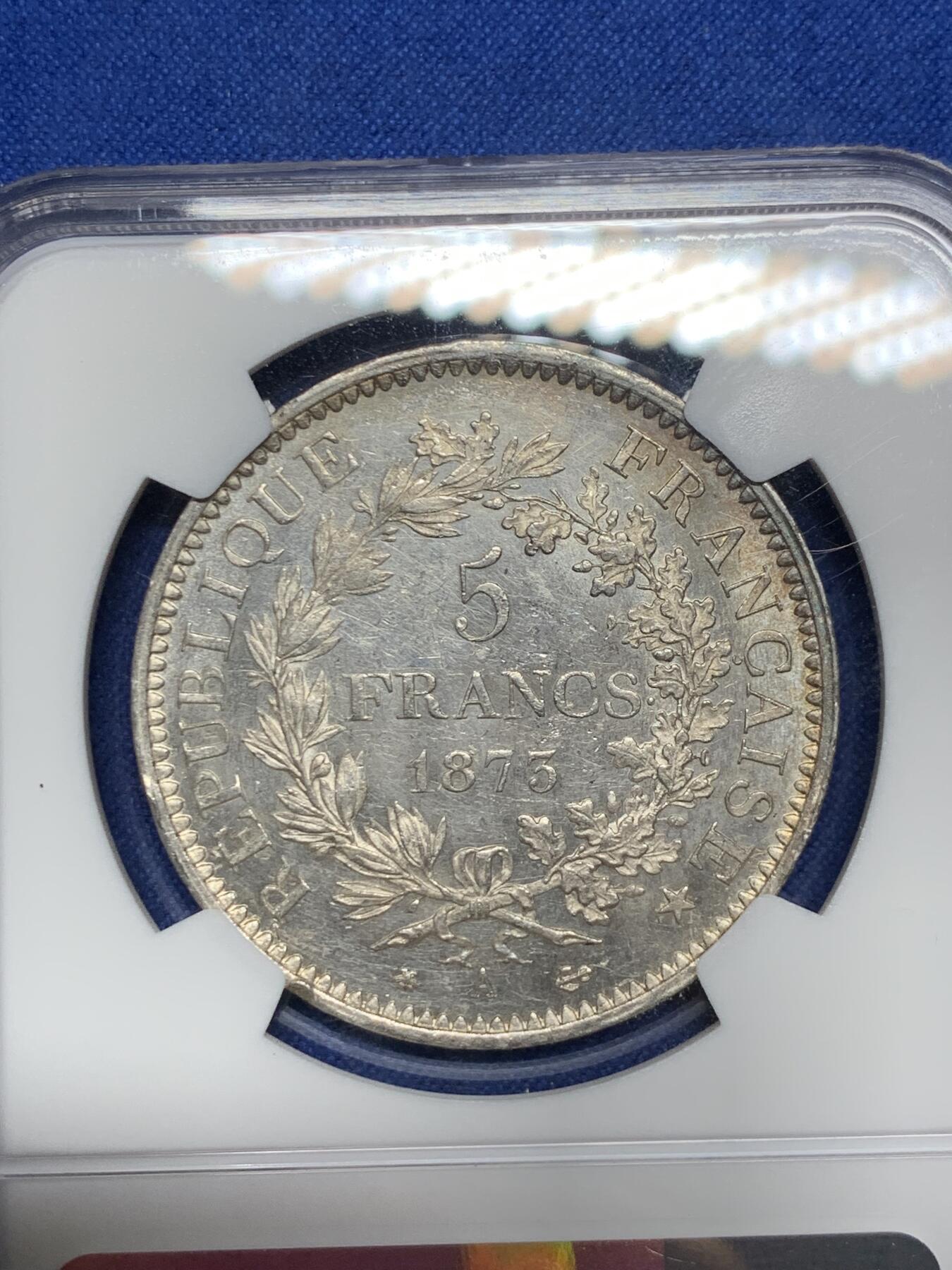 《竞宝斋》第290场- 周日，周一，周二 3场连拍 （全场包邮） NGC UNCD 法国1873年大力神5法郎银币