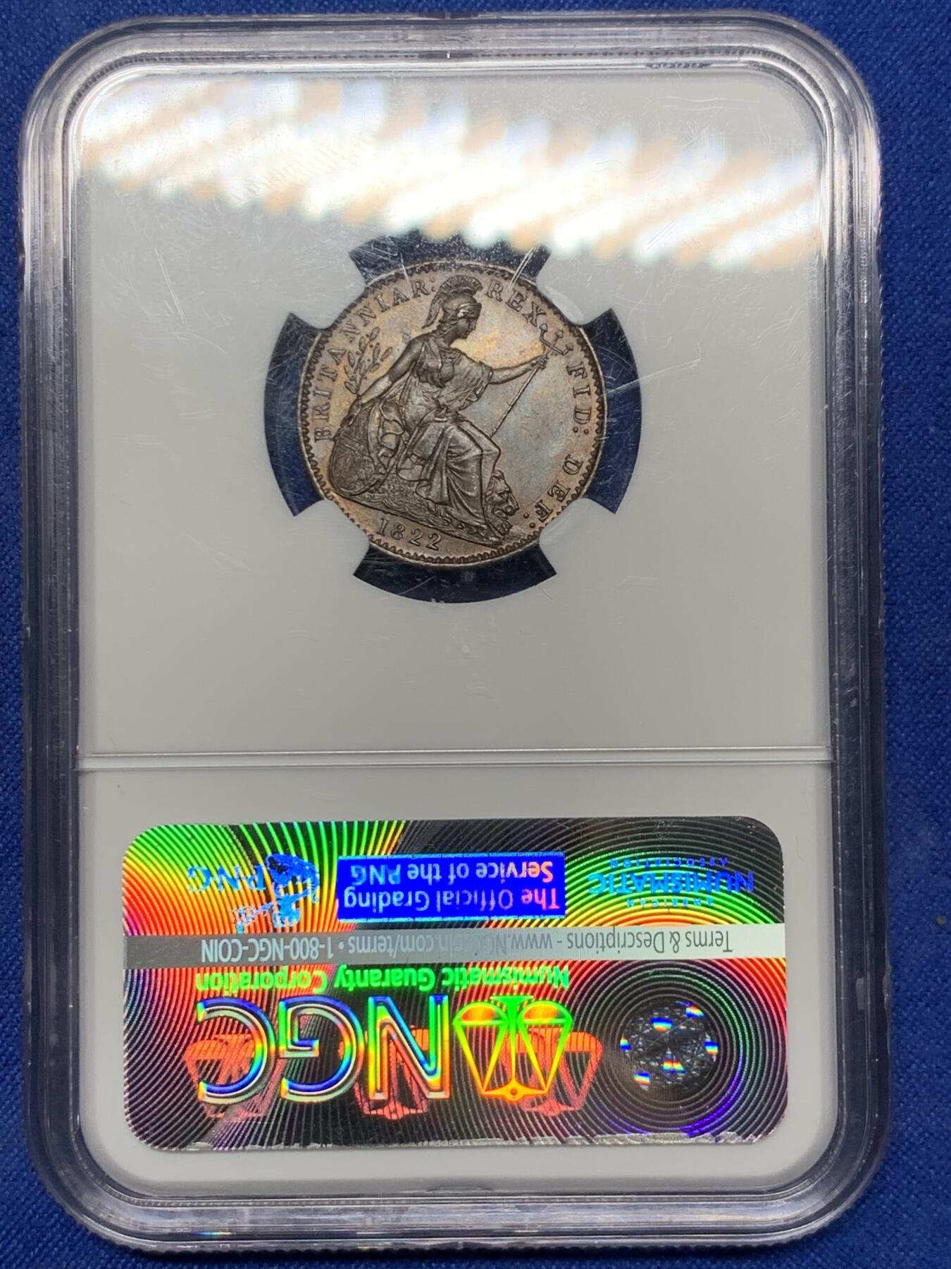 《竞宝斋》第290场- 周日，周一，周二 3场连拍 （全场包邮） NGC MS63BN 英国1822年乔治四世1法新铜币 相当少见的品种 好品难得