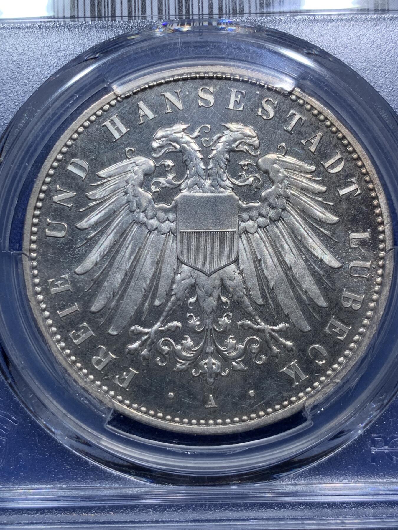 《竞宝斋》第290场- 周日，周一，周二 3场连拍 （全场包邮） PCGS PR66CAM 德国1907吕贝克精制5马克