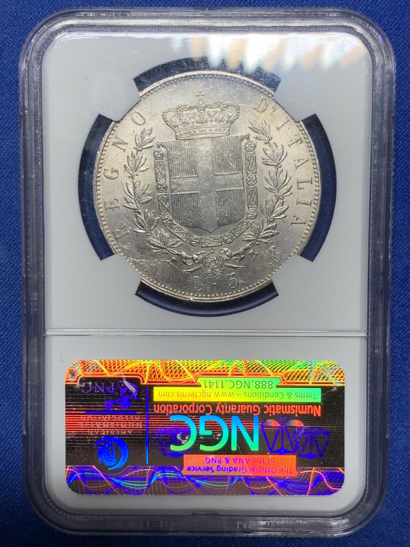 《竞宝斋》第290场- 周日，周一，周二 3场连拍 （全场包邮） NGC MS61 意大利1873年埃曼努埃莱二世5里拉 流通币