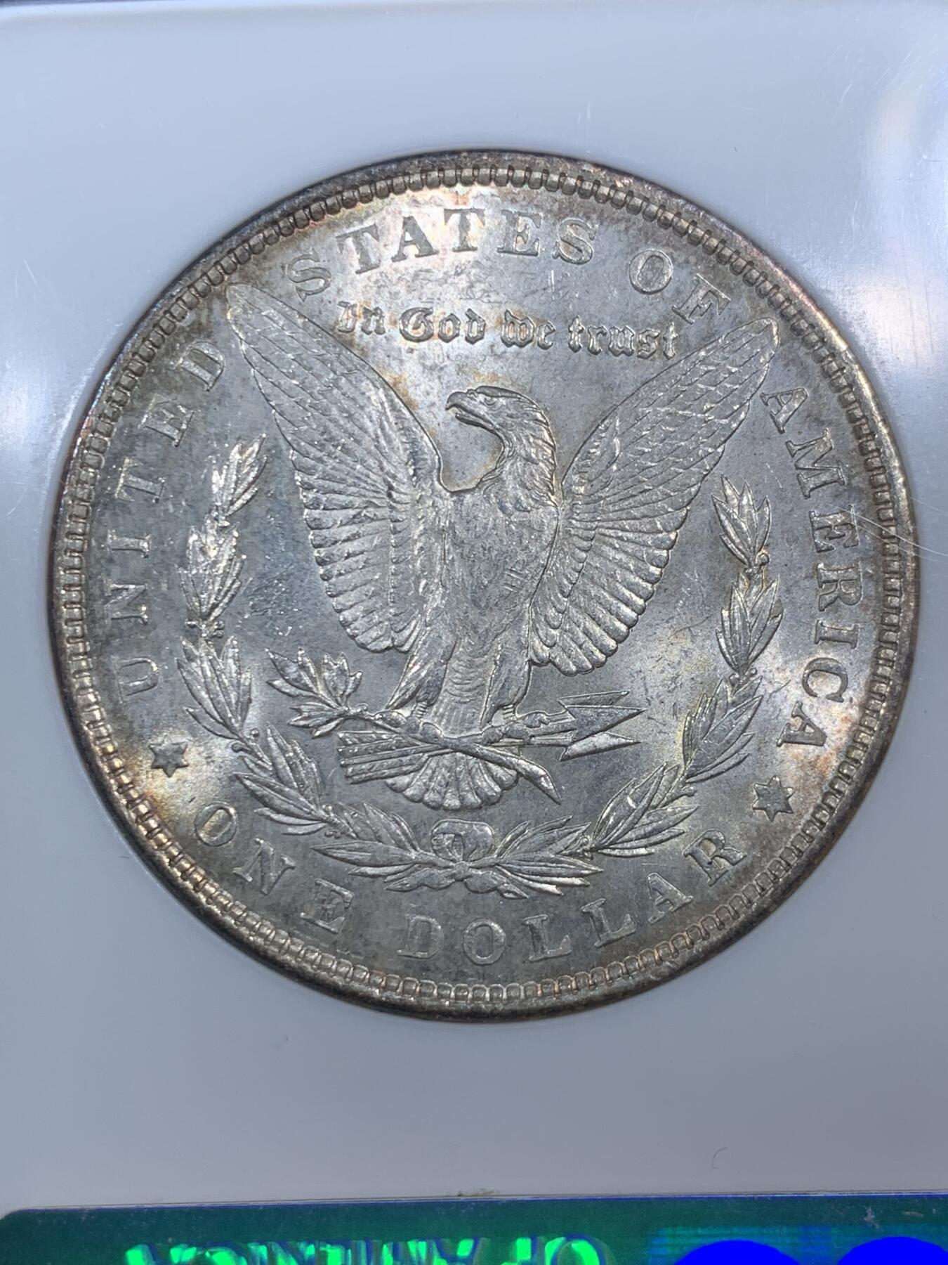 《竞宝斋》第290场- 周日，周一，周二 3场连拍 （全场包邮） NGC MS63 美国1887年摩根银币 漂亮包浆 1990年-1993年的老盒子 镭射标完整 难得一见的老盒子