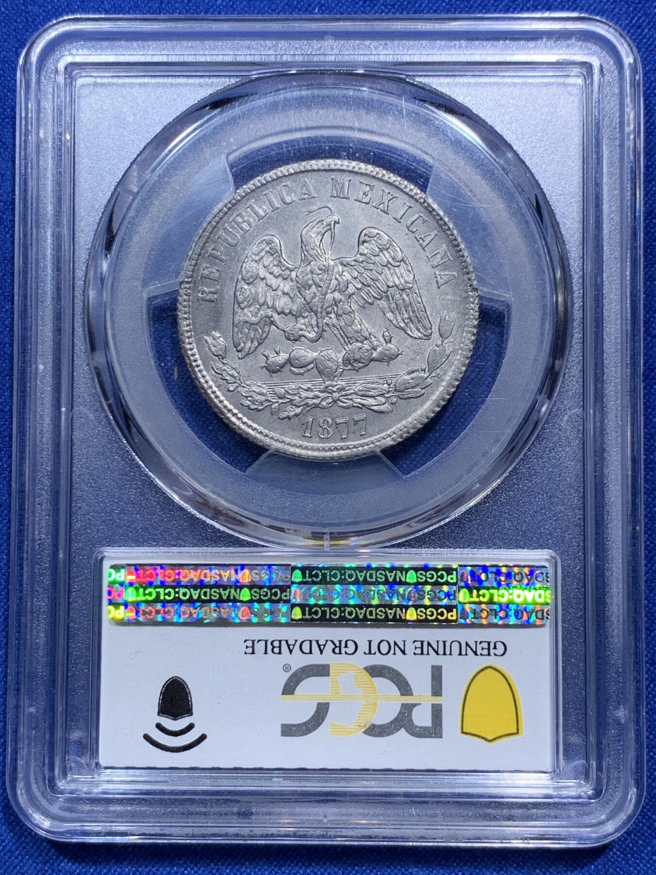 《竞宝斋》第290场- 周日，周一，周二 3场连拍 （全场包邮） PCGS UNCD 墨西哥1877少见天平鹰洋50分银币 50C数量远少于1比索 此枚带灰色包浆 细节精美