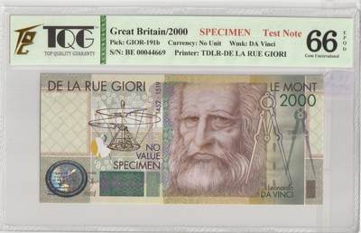 PThappally收藏第38次拍卖，英联邦地区硬币纸币 - 英国 Great Britain, 2000 DE LA RUE GIORI Test Note  SPECIMEN-  LEONARDO DA VINCI-  TQG 66 EPQD Gem UNC