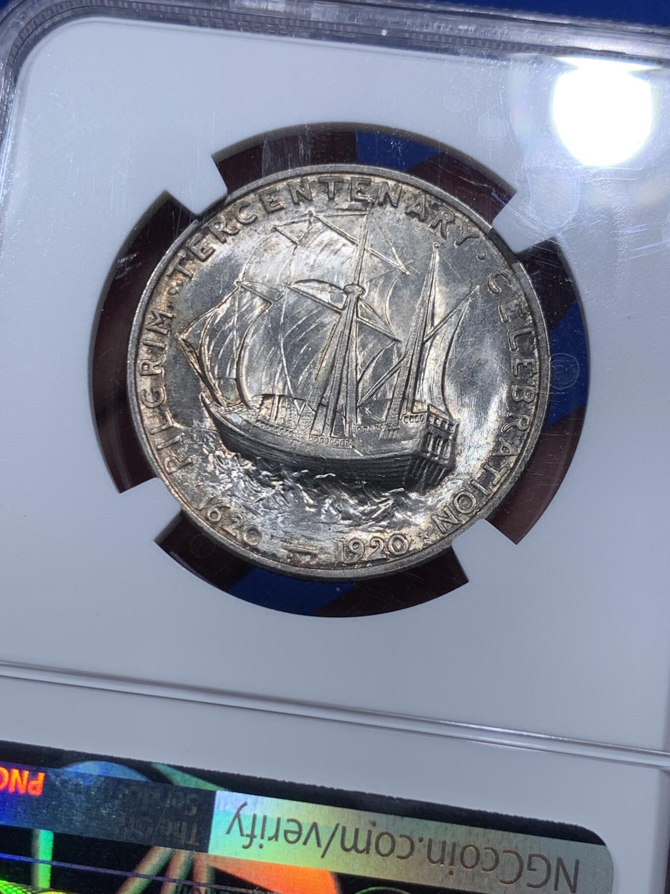 《竞宝斋》第290场- 周日，周一，周二 3场连拍 （全场包邮） NGC MS64 美国 1920年 五月花号/清教徒移民 半美元  背面五月花号呼之欲出 非常漂亮的设计