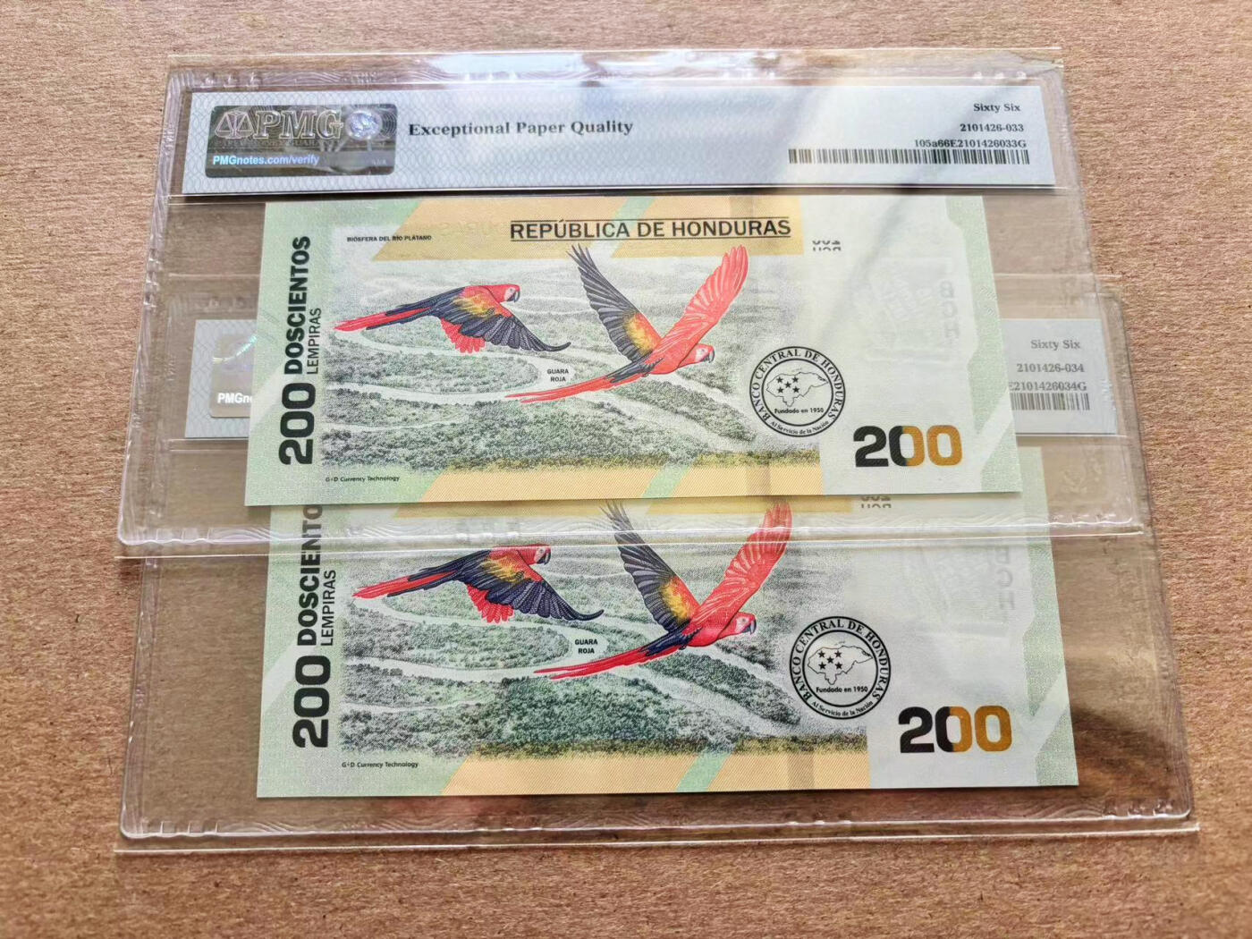 【Blue Auction】✨世界纸币精拍第510期【精】 【一组2张 尾5同】洪都拉斯 2019年200伦皮拉 PMG66EPQ 