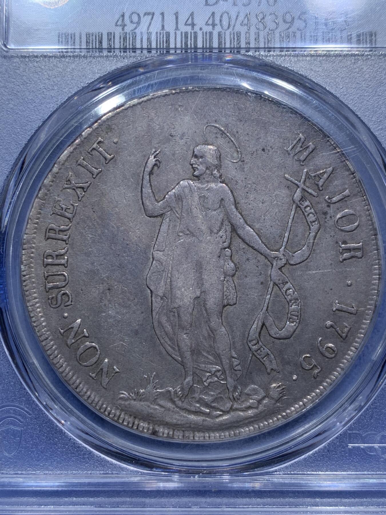 《竞宝斋》第290场- 周日，周一，周二 3场连拍 （全场包邮） PCGS XF40 意大利 1795年 热那亚共和国8里拉大银币 淡彩包浆 打制清晰