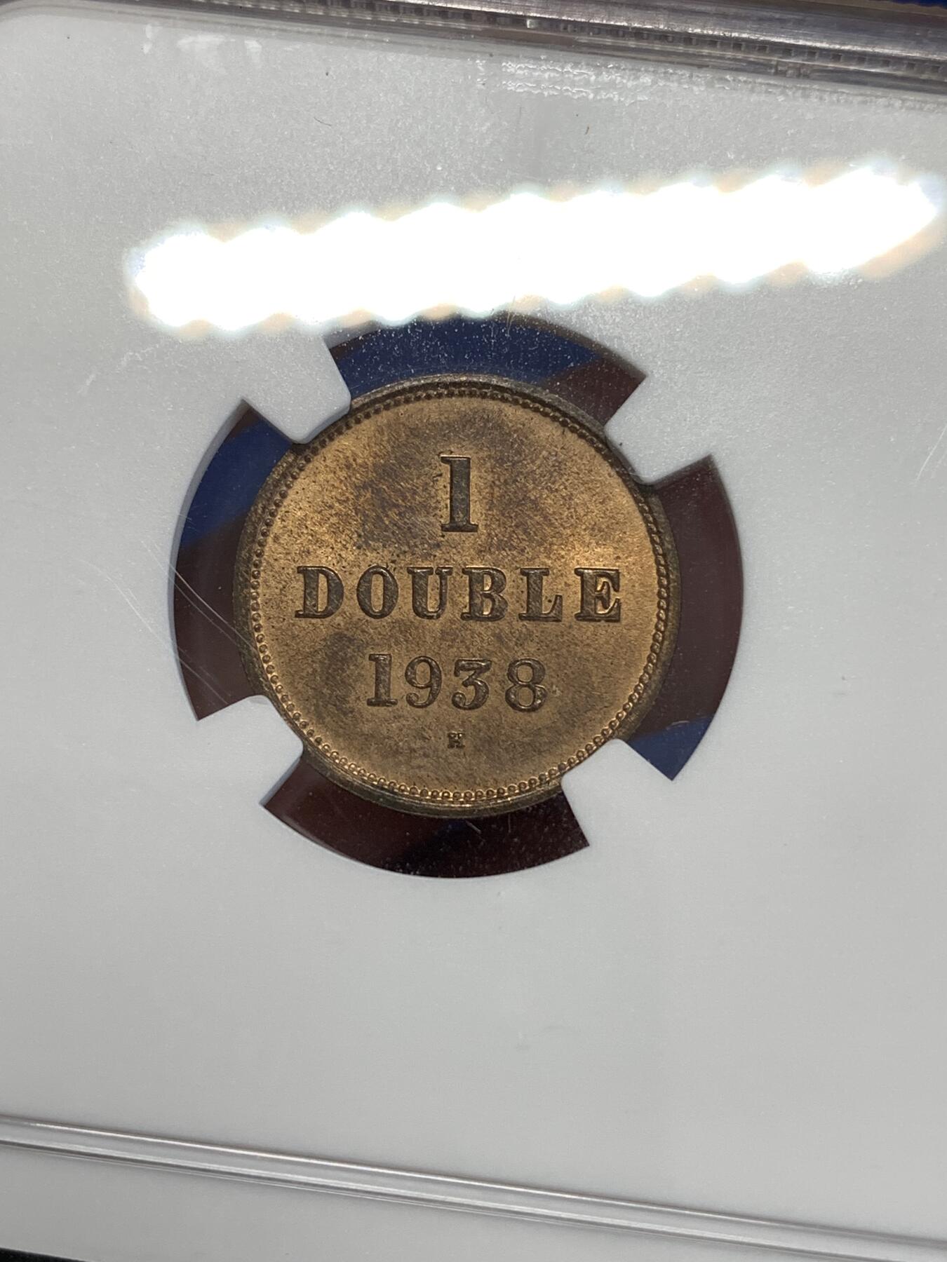 《竞宝斋》第290场- 周日，周一，周二 3场连拍 （全场包邮） NGC MS64RB 英属根西岛1938年1道布 底板干净 转光耀眼