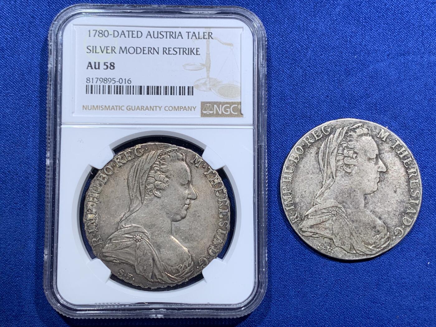 《竞宝斋》第290场- 周日，周一，周二 3场连拍 （全场包邮） 两枚一组 NGC AU58 奥地利大奶妈 双须版银币 早期后铸版  另外+一枚原味通货后铸大奶妈银币