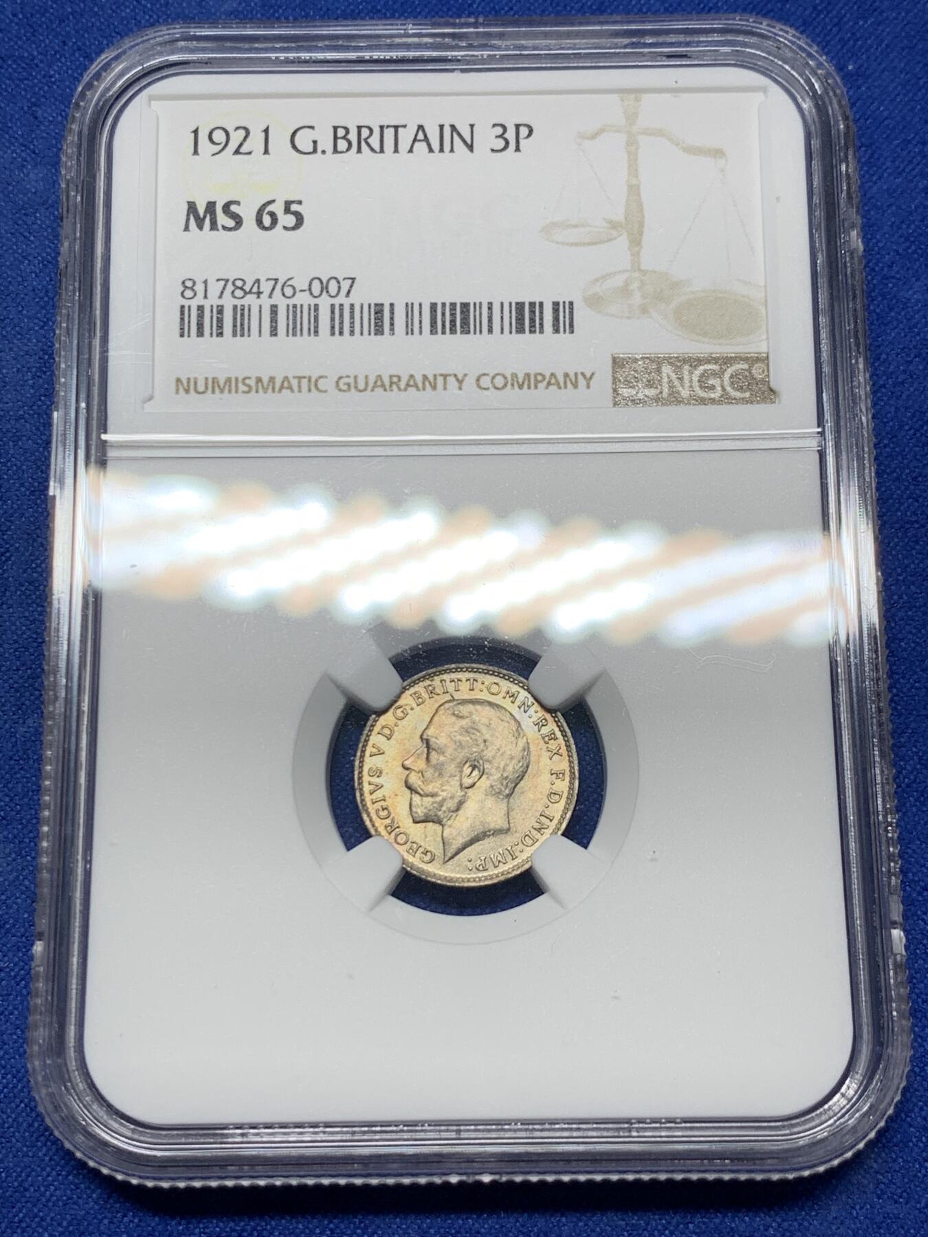 《竞宝斋》第290场- 周日，周一，周二 3场连拍 （全场包邮） NGC MS65 英国1921年乔治五世3便士银币 少见高分 一步到位 亚军分