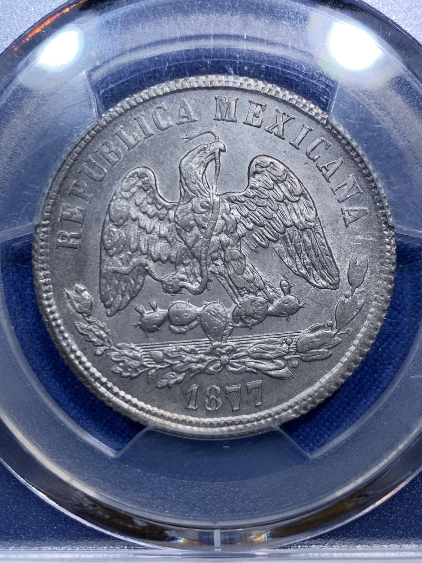 《竞宝斋》第290场- 周日，周一，周二 3场连拍 （全场包邮） PCGS UNCD 墨西哥1877少见天平鹰洋50分银币 50C数量远少于1比索 此枚带灰色包浆 细节精美
