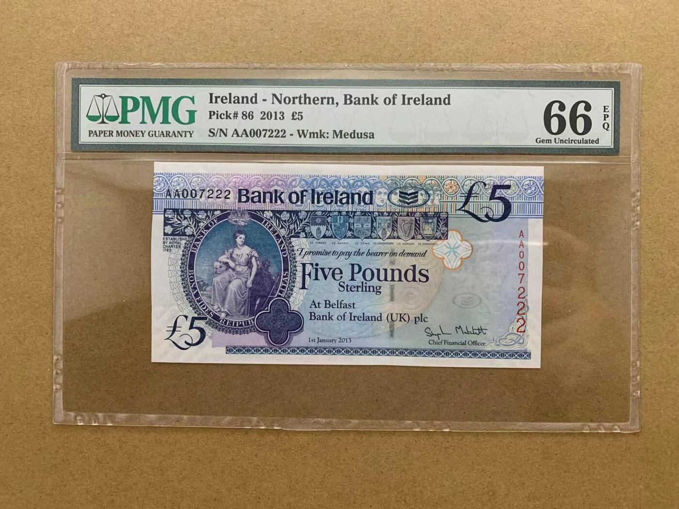 【Blue Auction】✨世界纸币精拍第510期【精】 【AA冠222豹子号】北爱尔兰 2013年5镑 PMG66EPQ(卖家发货）