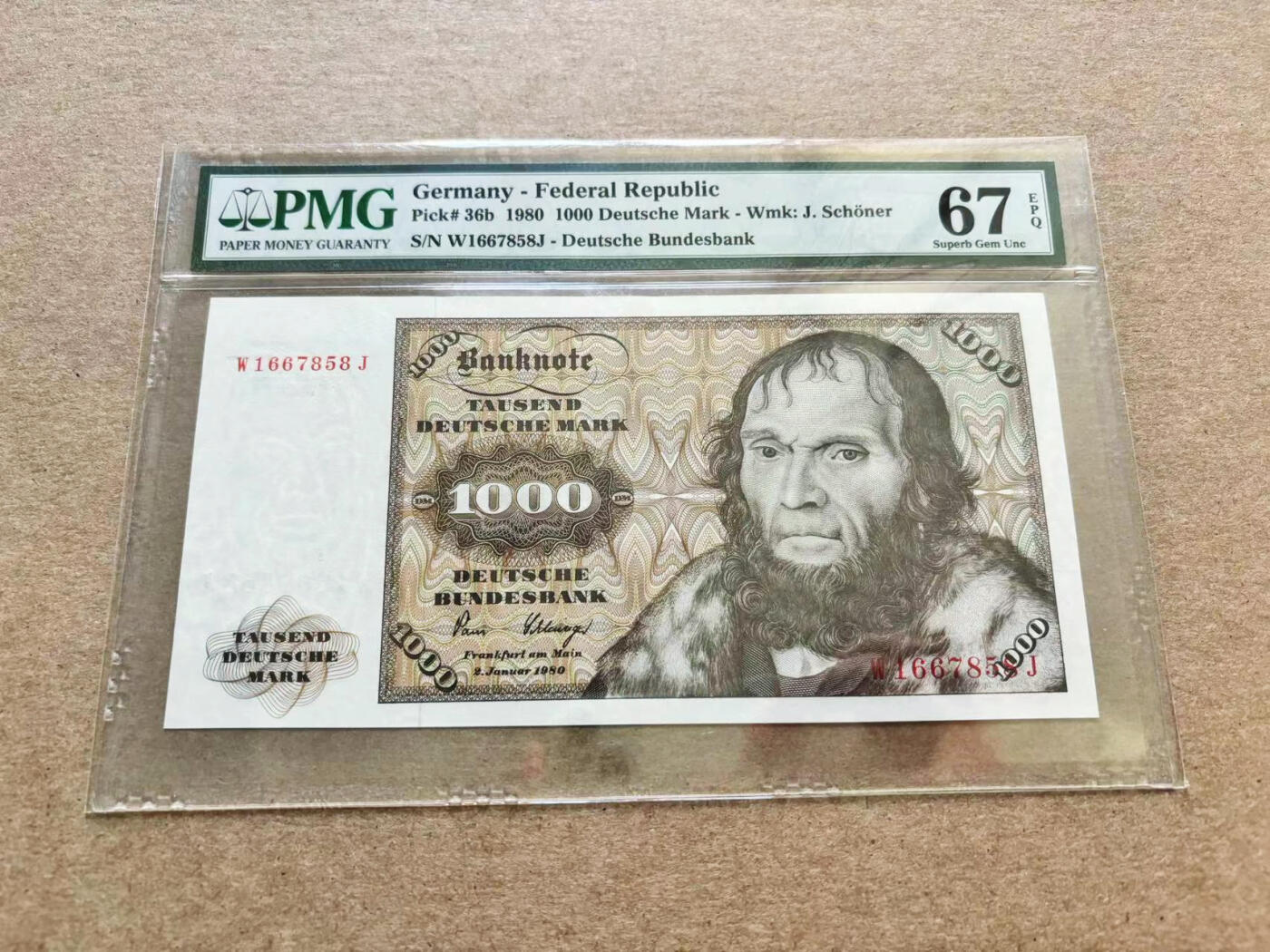 【Blue Auction】✨世界纸币精拍第510期【精】 德国 1980年1000马克 经典舍那 雕刻精美 PMG67EPQ 高分 老壳