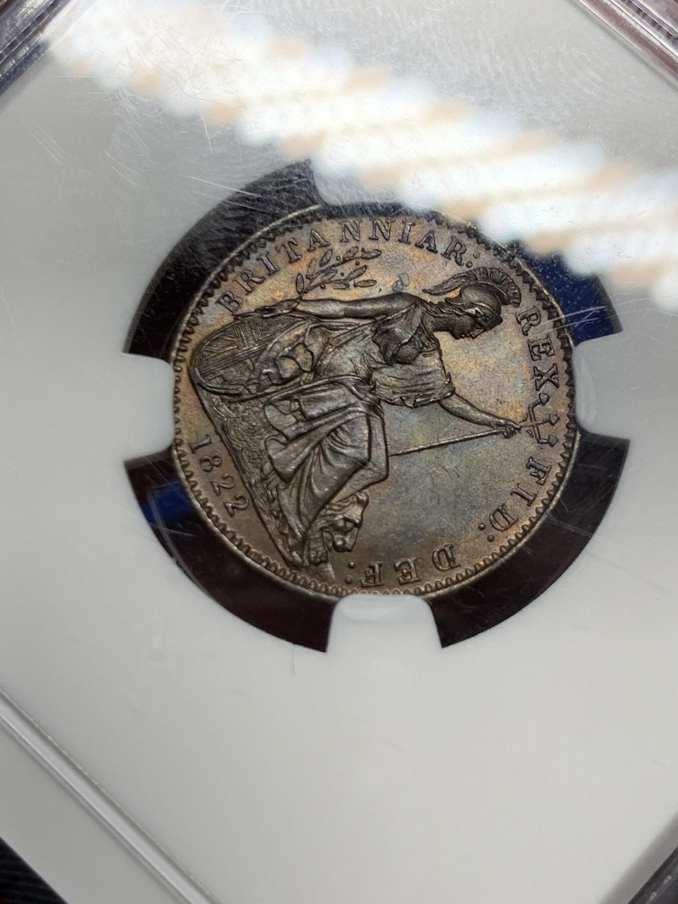 《竞宝斋》第290场- 周日，周一，周二 3场连拍 （全场包邮） NGC MS63BN 英国1822年乔治四世1法新铜币 相当少见的品种 好品难得