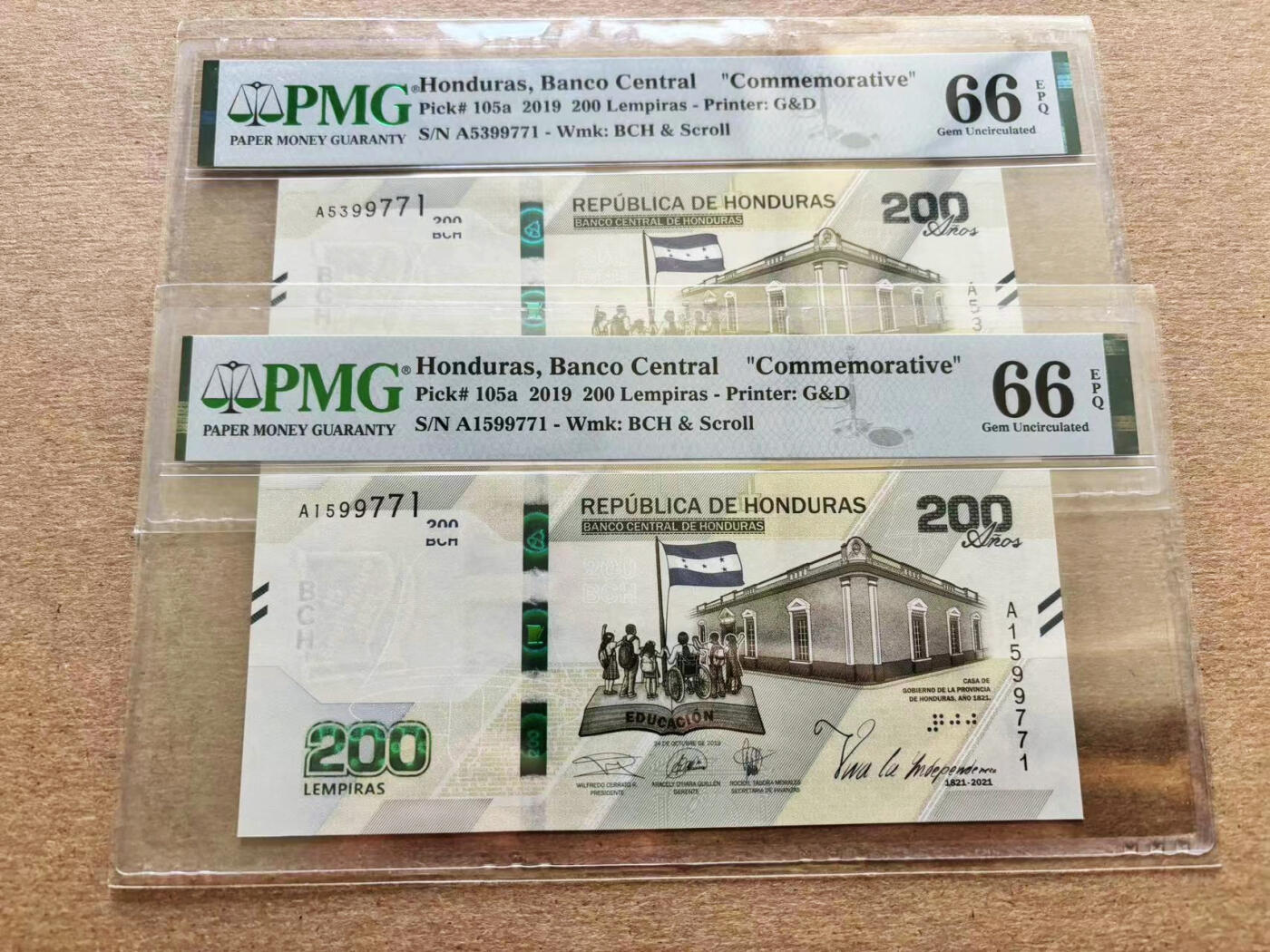 【Blue Auction】✨世界纸币精拍第510期【精】 【一组2张 尾5同】洪都拉斯 2019年200伦皮拉 PMG66EPQ 