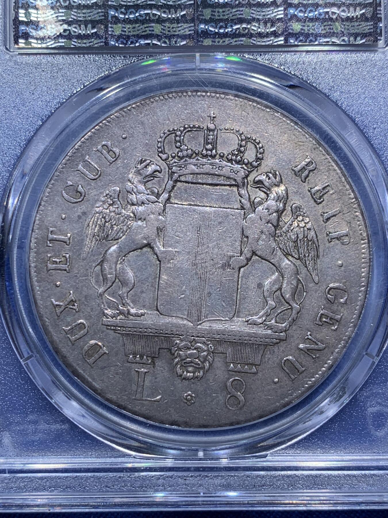 《竞宝斋》第290场- 周日，周一，周二 3场连拍 （全场包邮） PCGS XF40 意大利 1795年 热那亚共和国8里拉大银币 淡彩包浆 打制清晰