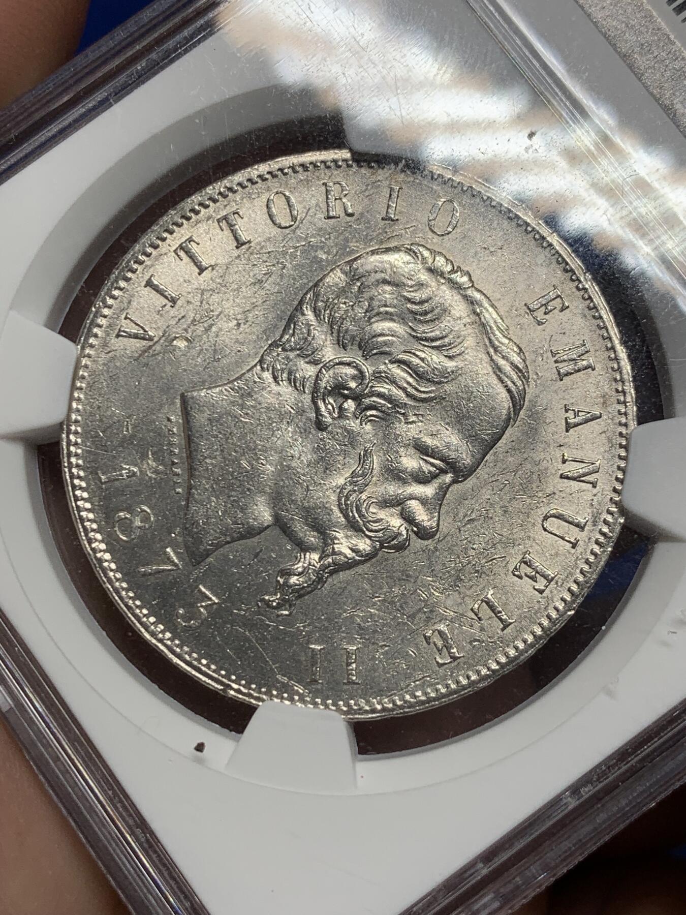 《竞宝斋》第290场- 周日，周一，周二 3场连拍 （全场包邮） NGC MS61 意大利1873年埃曼努埃莱二世5里拉 流通币