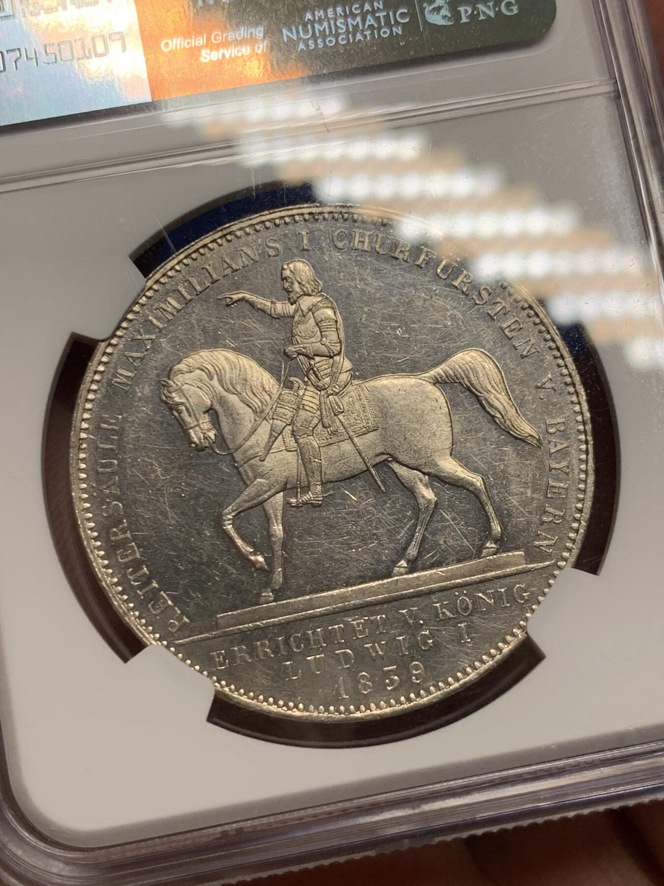 《竞宝斋》第290场- 周日，周一，周二 3场连拍 （全场包邮） NGC MS61 德国1839年巴伐利亚选帝侯骑马雕像历史双泰勒 37.12g 38mm 90%