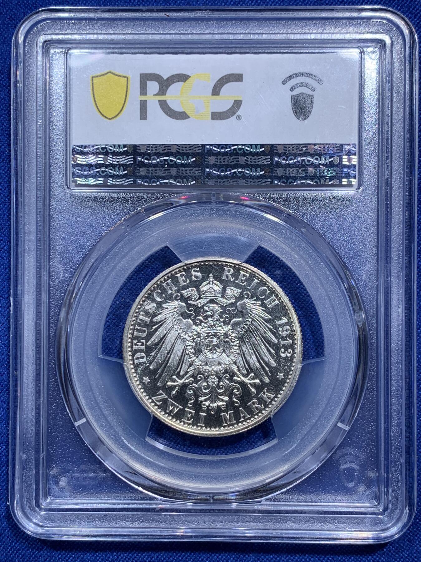 《竞宝斋》第290场- 周日，周一，周二 3场连拍 （全场包邮） PCGS PR64 德国1913A普鲁士威廉二世国王登基25周年精制银币 2马克 90% 11.11g 发行量5000枚