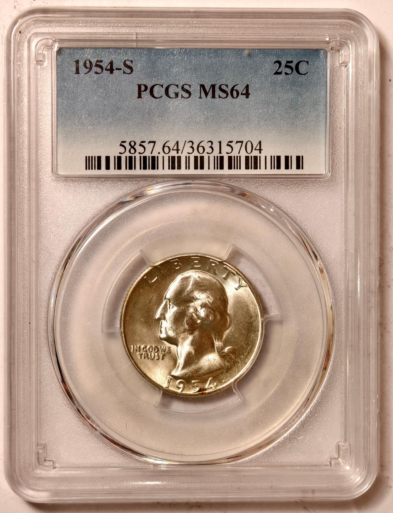 紫瑗钱币——第386期拍卖 美国 1954年 S版 华盛顿 25美分 银币 PCGS MS64