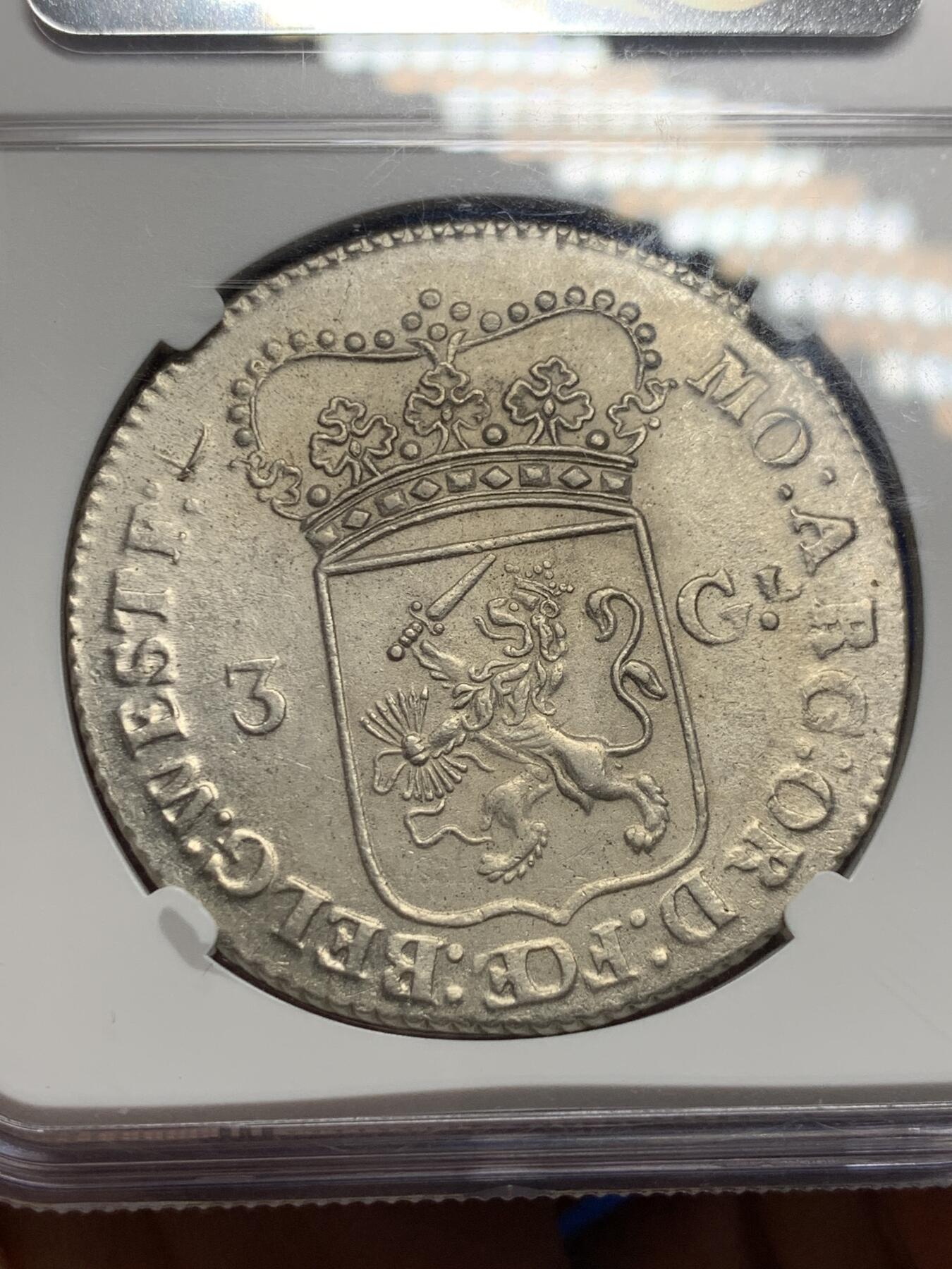 《竞宝斋》第290场- 周日，周一，周二 3场连拍 （全场包邮） NGC MS61 荷兰1763年站人女神三盾 早起年份打制好带转光