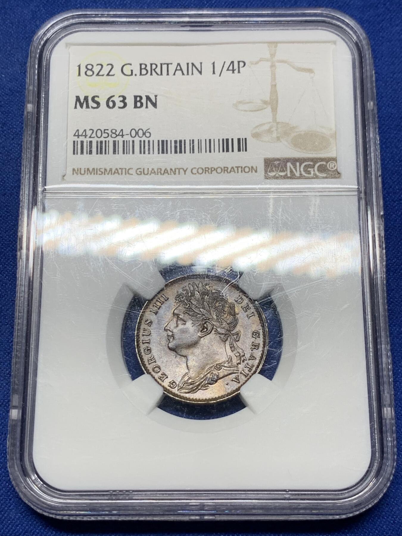 《竞宝斋》第290场- 周日，周一，周二 3场连拍 （全场包邮） NGC MS63BN 英国1822年乔治四世1法新铜币 相当少见的品种 好品难得