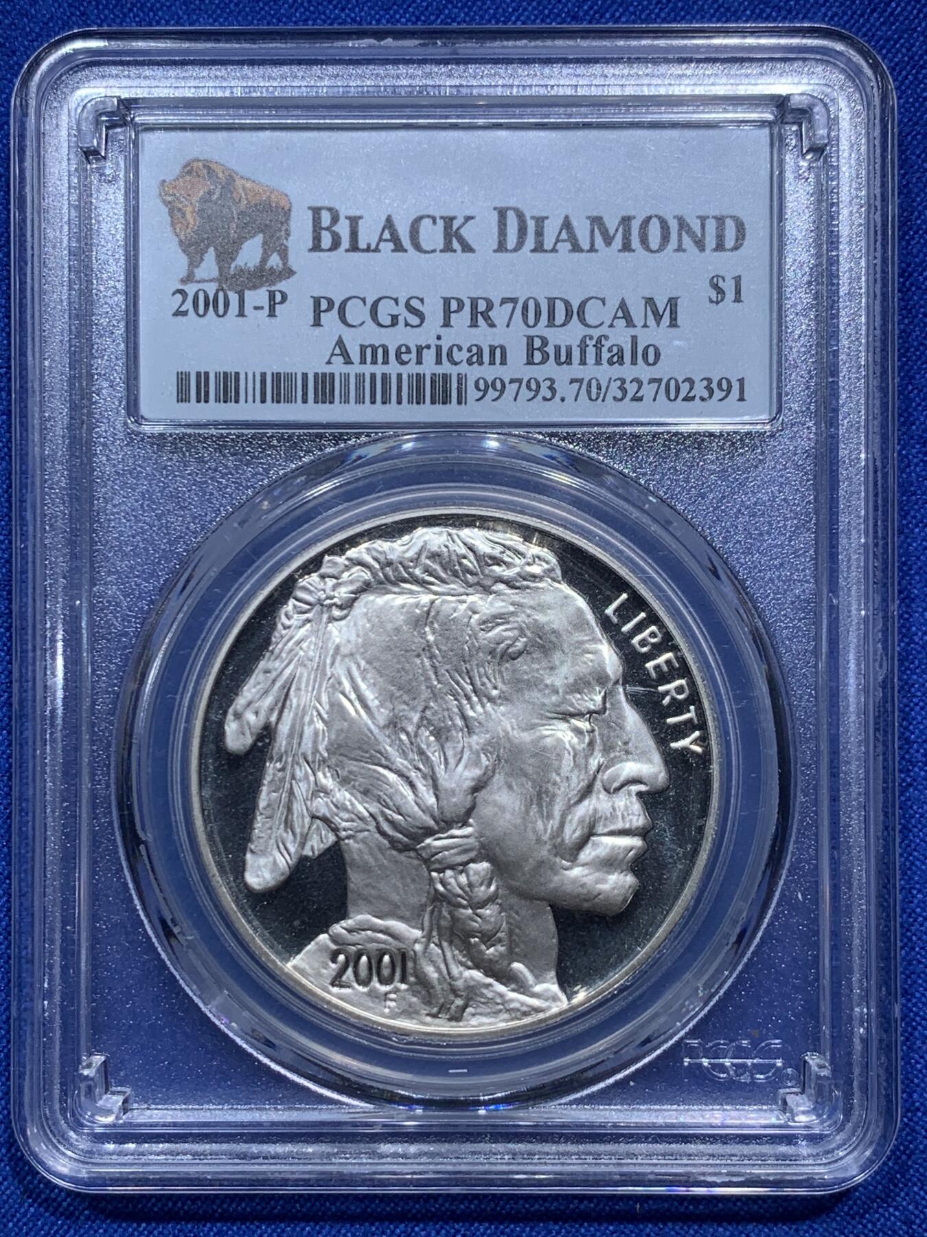 《竞宝斋》第290场- 周日，周一，周二 3场连拍 （全场包邮） PCGS PR70DCAM 美国2001P公牛精致版银币 1oz 纯度99.9%