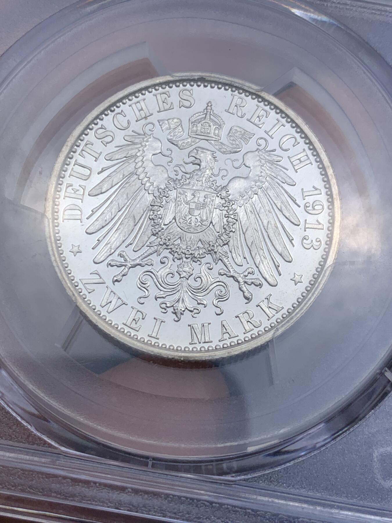 《竞宝斋》第290场- 周日，周一，周二 3场连拍 （全场包邮） PCGS PR64 德国1913A普鲁士威廉二世国王登基25周年精制银币 2马克 90% 11.11g 发行量5000枚