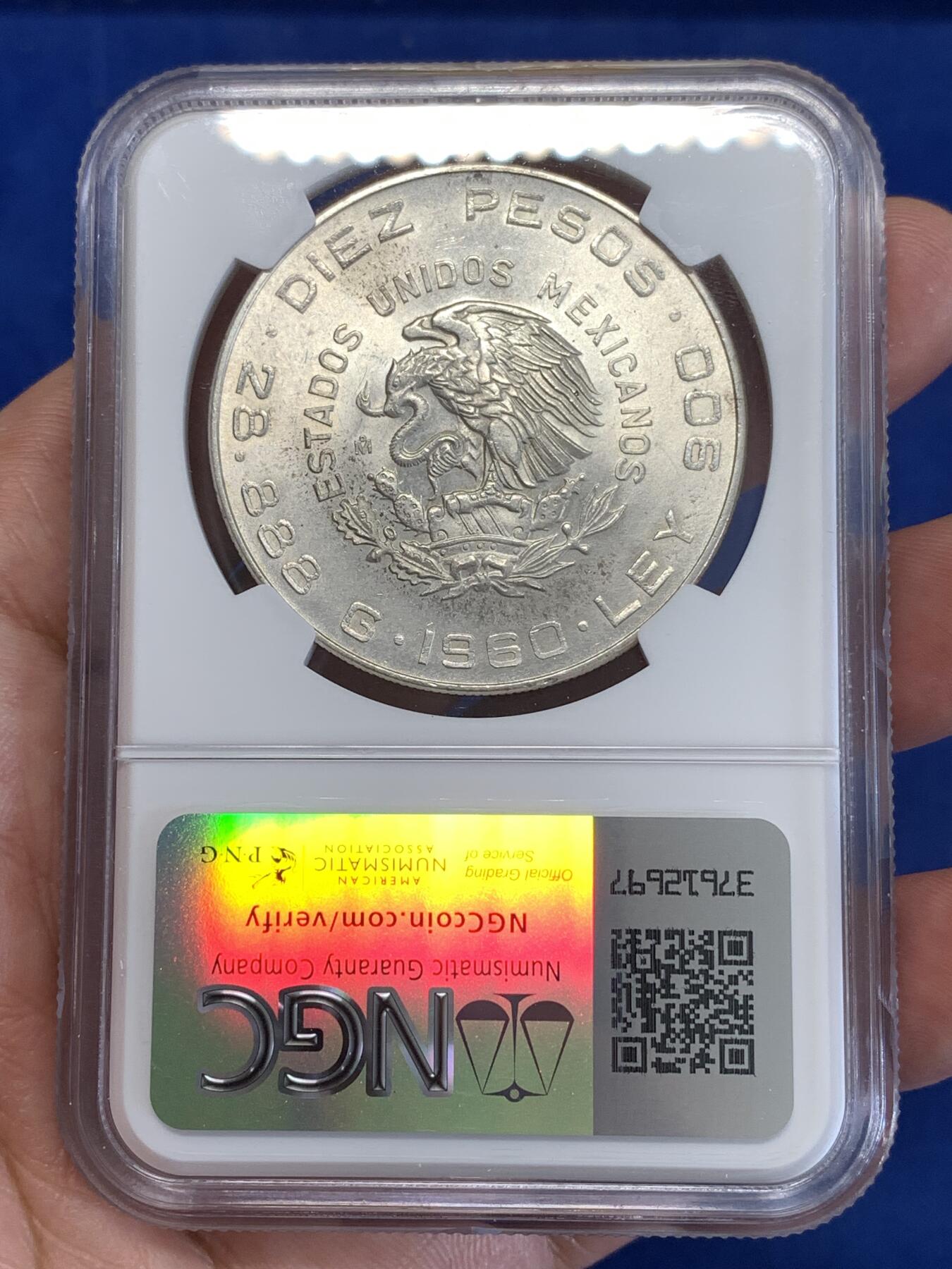 《竞宝斋》第290场- 周日，周一，周二 3场连拍 （全场包邮） NGC MS63 墨西哥1960年独立100周年银币 高分大银币 900高银