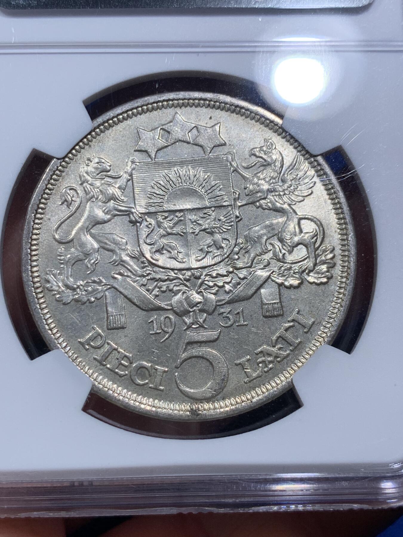 《竞宝斋》第290场- 周日，周一，周二 3场连拍 （全场包邮） NGC MS64 拉脱维亚1931年少女5里拉银币